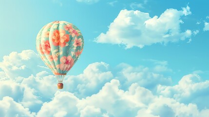 Naklejka premium A hot air balloon with a floral print floats in a blue sky with white clouds.