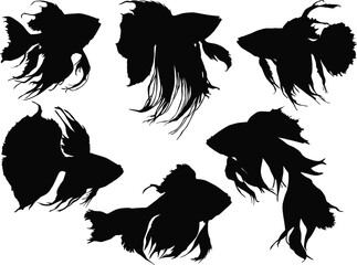 group of six black fish sketches isolated on white