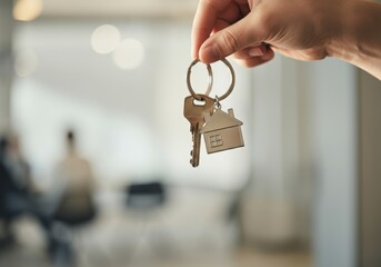 Hand holding house keychain and keys against blurred office background