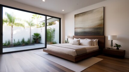 Fototapeta premium Modern bedroom with patio view