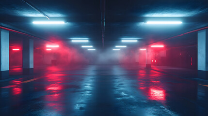Underground Car Park: A captivating view of a deserted underground car park, bathed in the ambient glow of neon lights, evoking a sense of mystery and urban atmosphere.