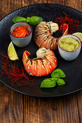 Boiled lobster tails, seafood.