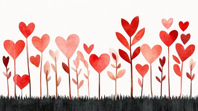 Stylized heart shaped flowers in vibrant red tones growing from dark grass in an artistic romantic botanical illustration symbolizing love passion and natural beauty