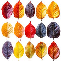 Fototapeta premium Autumn leaves arranged in a grid showcasing vibrant fall colors.