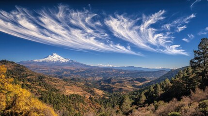 Fototapeta premium Panoramic Mountain Landscape with Snow-capped Peak and Dramatic Sky