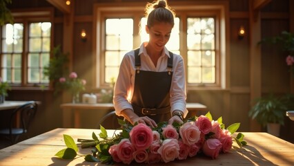 Wedding planners, A wedding planner arranges roses on a rustic wooden table under soft morning sunlight in a barn venue hyper-realistic te