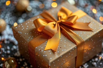 A gold gift box with a golden ribbon, adorned with bokeh lights, symbolizes Christmas joy and festive cheer.