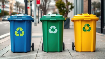 Colorful recycling bins stand in a row symbolizing environmental conservation and waste management efforts.