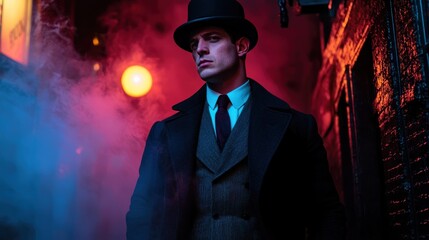 Man in 1920s Suit in Smoky Alley. Possible stock photo use  Vintage, noir,  fashion,  retro