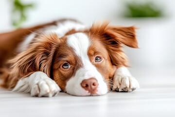 A beautiful brown and white dog resting indoors contentedly