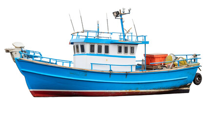 Naklejka premium Vintage fishing boat with rustic charm and weathered details isolated on a transparent background PNG. 