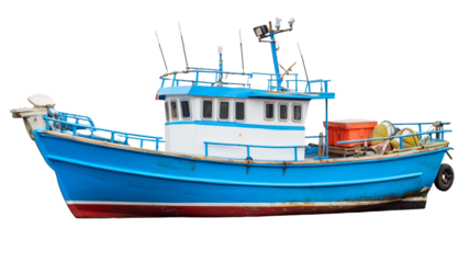 Vintage fishing boat with rustic charm and weathered details isolated on a transparent background PNG. 