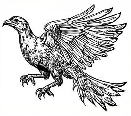 Obraz premium Majestic Monochrome Cartoon Phoenix Illustration, High-Detail Sketch, No Background, Perfect for Mythical Themes, フェニックスのイラスト, モノクロ, 手描き, 神話の生物
