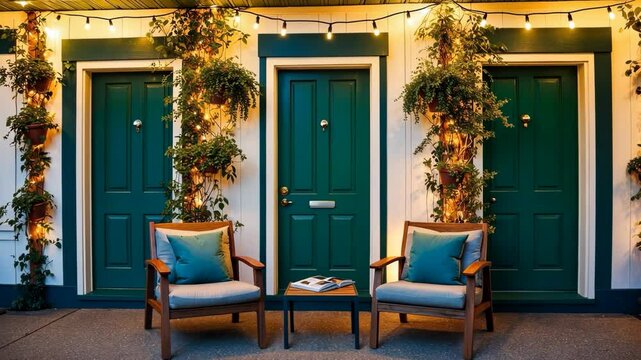 Charming Boutique Hotel Facade at Twilight, Cozy Armchairs, Green Doors, and String Lights Creating a Warm Welcoming Atmosphere