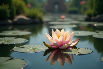 A floating lotus flower resting on the still waters of a sacred temple pond. 