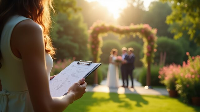 Wedding planners, A wedding planner holds a clipboard in a vibrant garden under soft morning sunlight front view hyper-realistic.