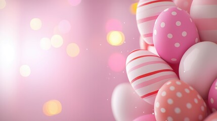 Pink polka dot and striped Easter eggs on soft bokeh background