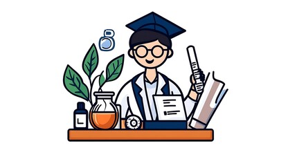Smiling Graduate Chemist: Vector Illustration of Botanical Research AI Generated
