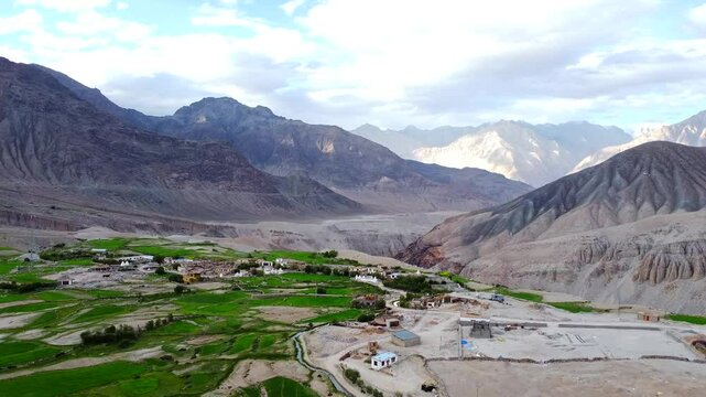An aerial view of beautiful Himalayan mountains at Khardung village, passing through the Khardung La road in the Ladakh, India.