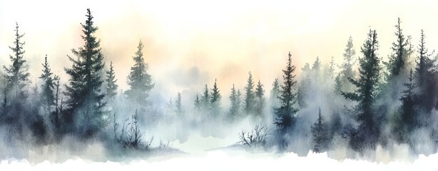 Obraz premium Misty Forest at Dawn Watercolor Landscape Painting, Pine Trees, Fog, Sunrise, Nature Scenery, Woodland Watercolor painting, Landscape