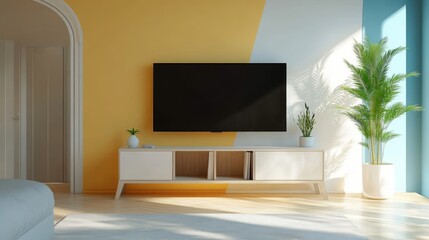 Modern Living Room with TV Yellow and White Wall, Minimalist Design, Sunlit Interior, Home Decor Home Decor, Interior Design