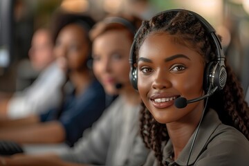 Cheerful Woman With Headset Working on Computer at Desk