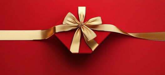 Red Hexagon Gift Box with Gold Bow 3D Render, Holiday Gift Concept, Minimalist Design Gift Box, 3D Render