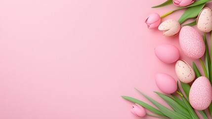 Fototapeta premium Pastel pink Easter eggs and tulips on soft pink background for spring decor