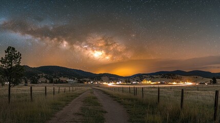 Obraz premium Milky Way Galaxy Over Rural Road and Distant Town at Night