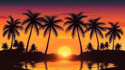 Obraz premium Silhouette Palm Trees Sunset Landscape, Illustration, Tropical Beach, Orange Sky, Palm Trees Silhouette Tropical, Sunset