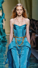 Elegant Fashion Model Walking in Sapphire Blue Silk Outfit with Golden Chain Accessories