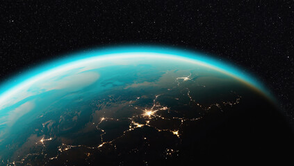 Breathtaking View of Earth at Sunrise Showcasing Atmospheric Glow and City Lights