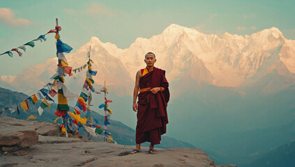 Buddhist Monk Standing Amidst Vibrant Prayer Flags in the Majestic Himalayas