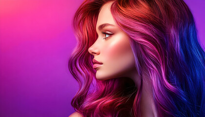 Fototapeta premium Illustration - Woman with Colorful Hair on Purple Background