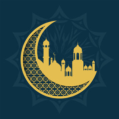 Crescent moon, lantern and star hanging. Decorative vector elements for Muslim holidays.