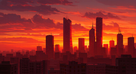 City Skyline at Sunset with Vibrant Red Sky and Cloudscape