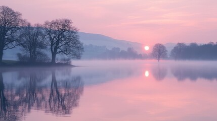 Tranquil Lake at Sunrise with Fog and Reflections of Trees