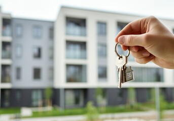 Hand holding keys in front of modern apartment building, symbolizing new home ownership