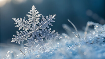 Intricate frost crystals on surface illuminated by soft natural light