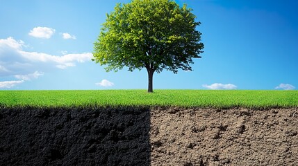 Obraz premium Lush Green Field with Single Tree Revealing Soil Layers - Environmental Concept