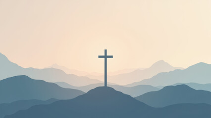 An artistic depiction of a mountainous landscape at sunrise with a cross on a hilltop, symbolizing Christian faith.