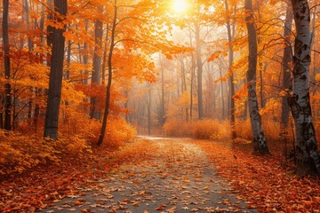 Fototapeta premium Autumnal path through a sunlit forest, vibrant orange leaves carpeting the ground.