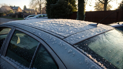Frozen car roof covered in frost with soft light and snowy landscape