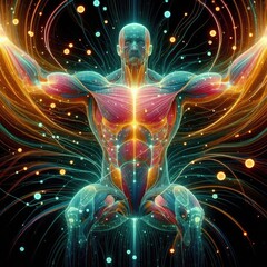 illustration of glowing liquid substance in hologram spectral color palette makes human muscular system. Generative Art