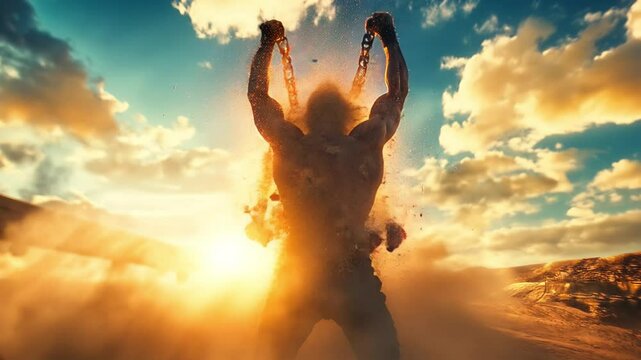 A Protester man breaking chains with a sunrise in the background, symbolizing freedom and dreams coming true. A freedom day concept