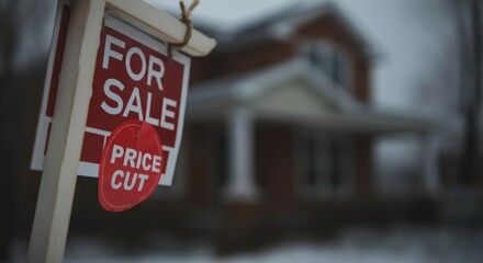 For sale sign with price cut on suburban home in winter