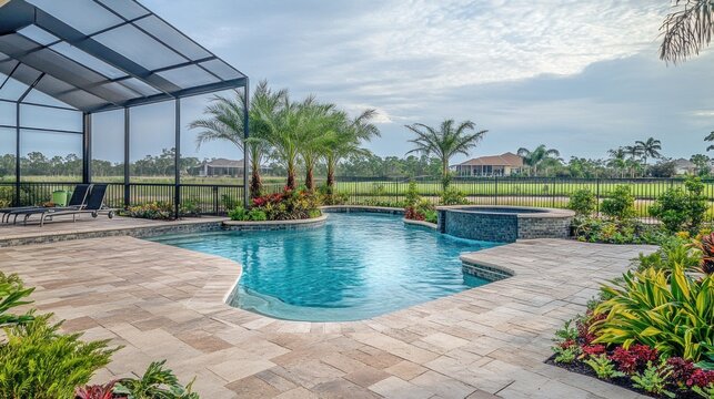 Swimming Pool with Palm Trees and Screen Enclosure on Sunny Day