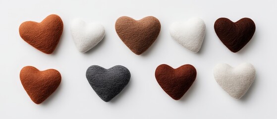Obraz premium Assorted wooden and stone heart shapes in various colors and textures arranged in symmetrical pattern on clean white background conveying love romance and natural aesthetics
