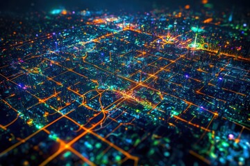 Obraz premium Aerial view of a cyberpunk-style city with glowing neon roads and buildings