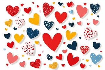 Pattern of colorful hearts in various sizes and artistic styles arranged dynamically on white background creating cheerful love themed seamless digital wallpaper